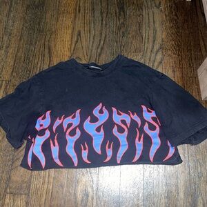 SHEIN Black Crop Top with Red and Blue Flame Design